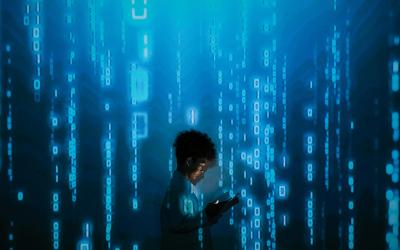 Person with smartphone with background symbolising digital data