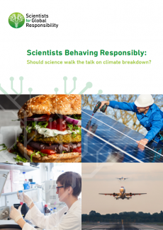 Cover of Scientists behaving responsibly report, shows a burger, a plane, a scientist in a lab and someone installing solar panels