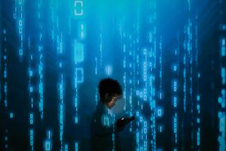 Person with smartphone with background symbolising digital data